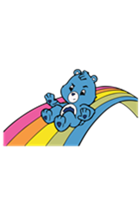 En sød blå bjørn, der glider ned ad en farverig regnbue.