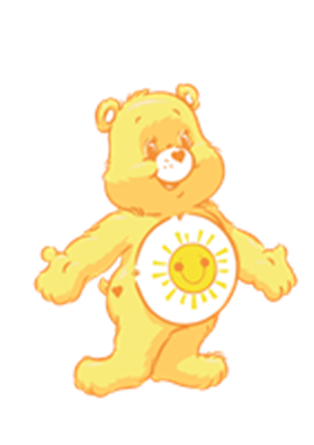 En sød, gul bjørn med et smilende ansigt og en sol på maven.