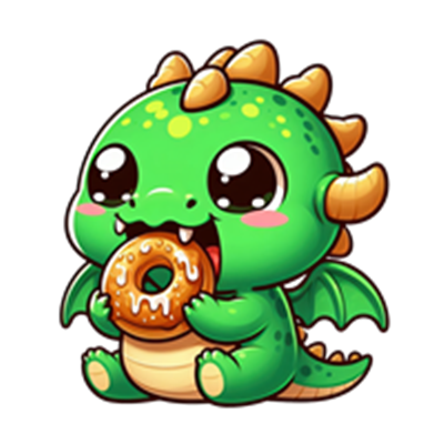 En farverig, sød drage, der holder en donut i munden, med store, glitrende øjne.