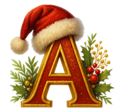 Et dekorativt bogstav A iført en rød nissehue, omkranset af julegrønne planter.