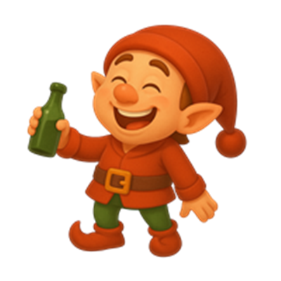 En glad nisse iført rød hue og tøj, der holder en grøn flaske.