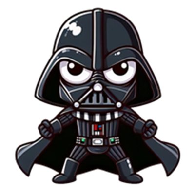 En sød og tegneserieagtig version af Darth Vader, med store øjne og en truende attitude.