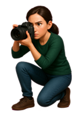 En ung kvinde i grønt tøj, der fotograferer med et kamera, mens hun squatter.