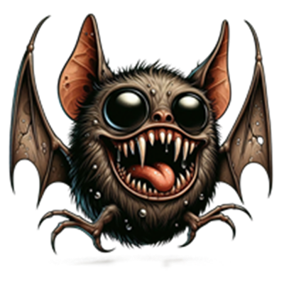 Et fantasifuldt væsen med store øjne, skarpe tænder og vinger, der ser både sødt og skræmmende ud.
