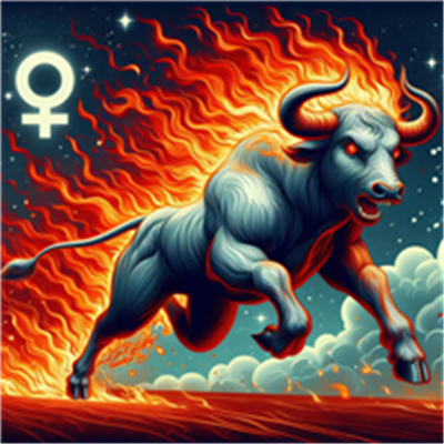 Et dynamisk billede af en tyr omgivet af flammer, symboliserende styrke og energi.