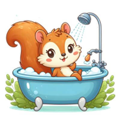 Et nuttet egern sidder i et blåt badekar fyldt med skum og nyder et bad.