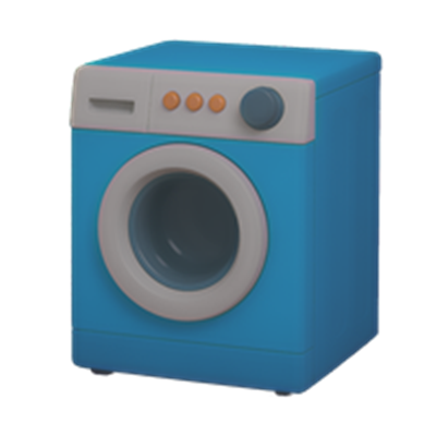 En farverig, blå vaskemaskine med knapper og en rund åbning til tøj.