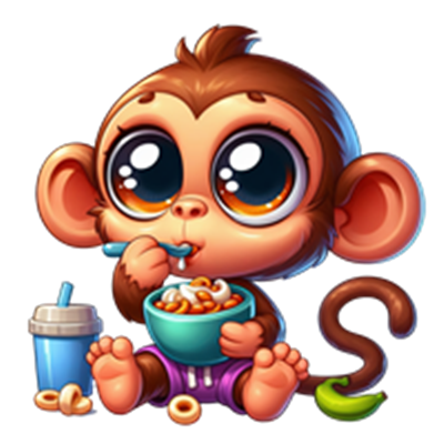 En sød, tegnet abe sidder og spiser morgenmad med store, udtryksfulde øjne.