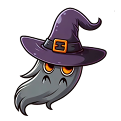 Et tegnet spøgelse iført en lilla heksehue med orange øjne.