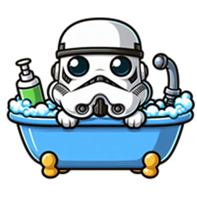 En sød, tegneserieagtig stormtrooper iført hjelm, der sidder i et badekar fyldt med skum.