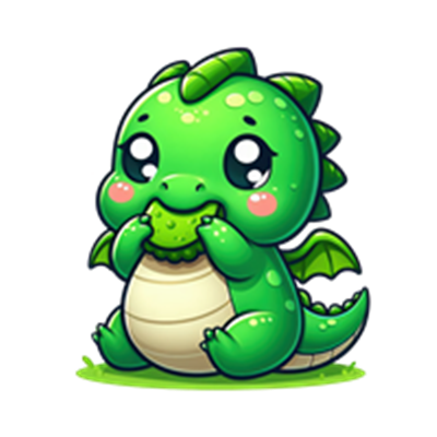 En nuttet, grøn drage med store øjne, der spiser noget mad.