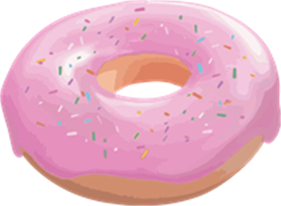 En lækker donut dækket af pink glasur og pyntet med farverige strøelse.