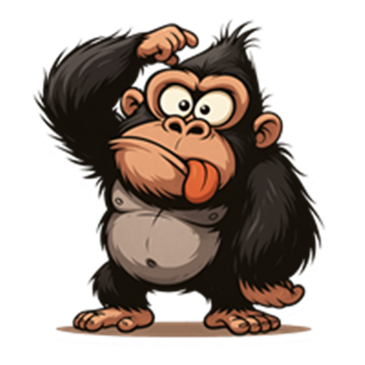 En humoristisk illustration af en gorilla, der ser forvirret ud og stikker tungen ud.