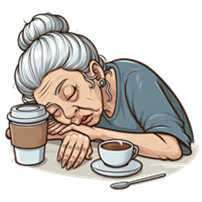 En illustration af en ældre kvinde, der sover ved et bord med kaffe.