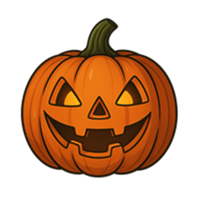 Et illustreret græskar med et uhyggeligt ansigt og lysende øjne, typisk for Halloween.