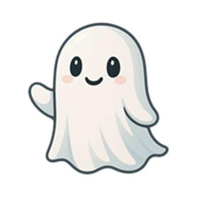 Et tegnet spøgelse med store øjne og et venligt udtryk, der vinker.