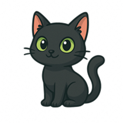 En tegnet sort kat med store grønne øjne, der sidder og ser venlig ud.