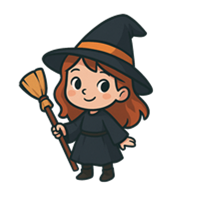 En tegneserieheks med orange hatbånd, der holder en kost og smiler.