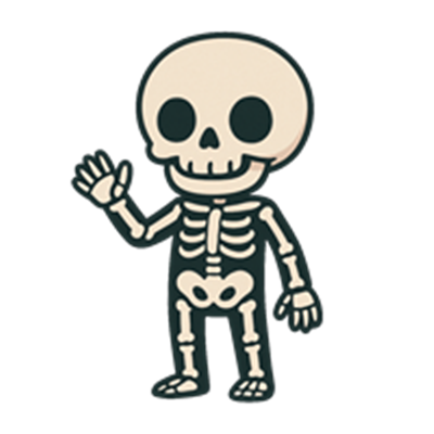 En sød og venlig skeletfigur, der vinker med et smil.