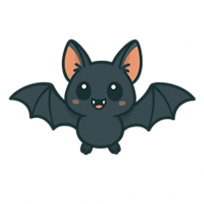 En tegneserieagtig flagermus med store øjne og smilende ansigt.