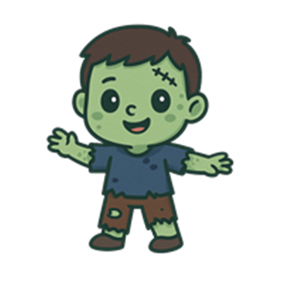 En tegneserie-lignende zombie dreng med grøn hud og et stort smil, iført slidte klæder.