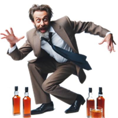 En mand i jakkesæt, der ser ud til at danse eller hoppe, omgivet af flasker med spiritus.