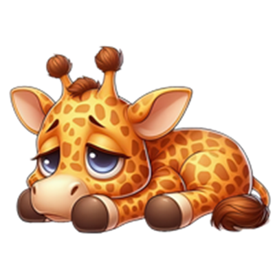 En tegneserieagtig giraff, der ligger ned med triste øjne og en sød udtryk.