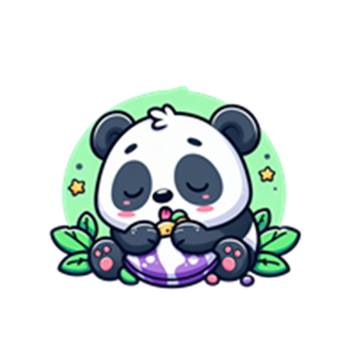 En tegneserieagtig panda, der sidder og spiser frugt, omgivet af grønne planter.