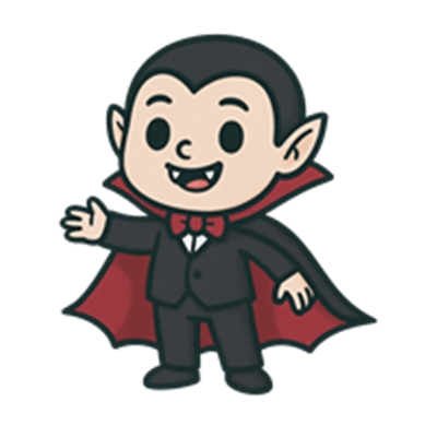 En tegneserieagtig vampyrdreng med kappe og sløjfe, der smiler og vinker.