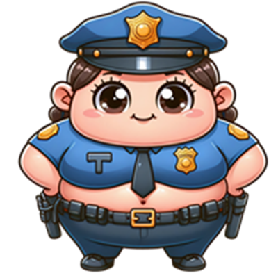 En tegneserieagtig politibetjent med store øjne og et venligt udtryk, iført uniform.