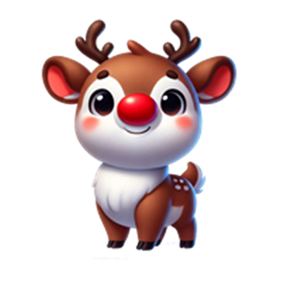 Et farverigt og nuttet rensdyr med en rød næse og store øjne, der står smilende.