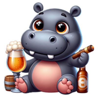 En sød, tegnet flodhest, der nyder en øl og en cigar, omgivet af drikkevarer.