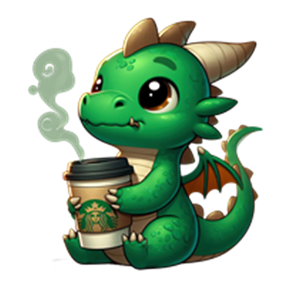 En sød, grøn drage holder en kaffekop og udsender damp fra drikken.