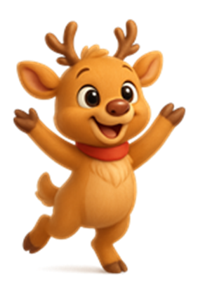 En sød og glad rensdyrfigur, der springer og smiler, med små horn og en rød halsbånd.