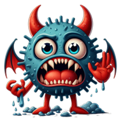 En farverig og skræmmende tegning af et virusvæsen med horn, store øjne og skarpe tænder.