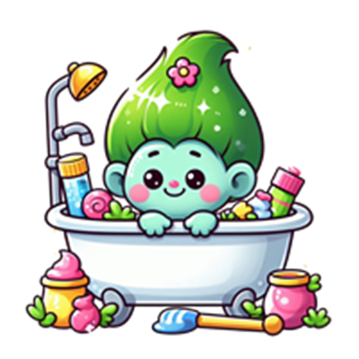 En farverig tegning af en glad figur med grønt hår, der sidder i et badekar fyldt med legetøj og skum.