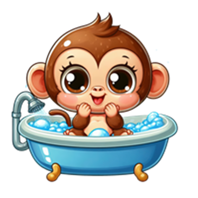 En glad, tegnet abe sidder i et badekar fyldt med sæbebobler.