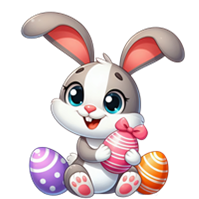 En glad, tegneserieagtig påskehare sidder med farverige æg og smiler.