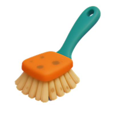 En farverig rengøringsbørste med en orange børstehoved og blå håndtag.