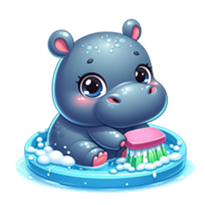 En sød, tegnet flodhest sidder i et badekar fyldt med skum og leger med en børste.