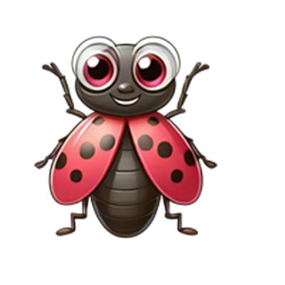 En farverig og venlig marihøne med røde vinger og sorte prikker, der smiler.