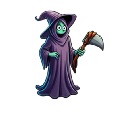 En farverig, tegneserieagtig figur iført en lilla kappe og med en økse i hånden.