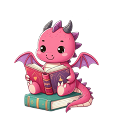 En sød, pink drage sidder med en bog og læser, omgivet af farverige bøger.