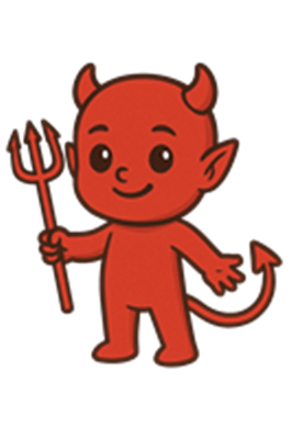 En rød, tegneserieagtig djævel med horn og en trident, der smiler.