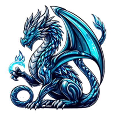 En detaljeret illustration af en blå frostdrage med glitrende skalaer og ild i kløerne.