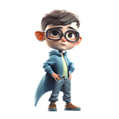 En ung dreng med briller og en blå kappe, der står med selvsikkerhed.