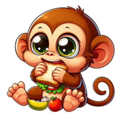 En nuttet tegnet abe, der spiser et stykke brød og sidder blandt frugter.