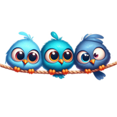 Billedet viser tre søde og farverige fugle, der sidder på en gren og ser nysgerrigt ud.