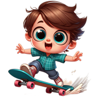 En glad dreng med brunt hår, iført en grønternet skjorte, der skater på en skateboard.