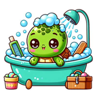 En glad skildpadde sidder i et boblebad fyldt med sæbe og badetilbehør.